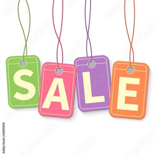 Sale tag on hanging multicolor labels