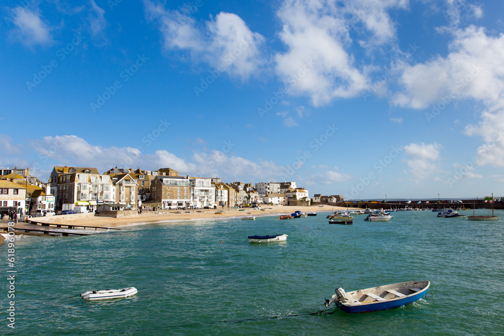 Cornish harbour of St Ives with boats and blue sky