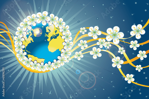 Planet earth in orbit of spring flowers and ribbons photo