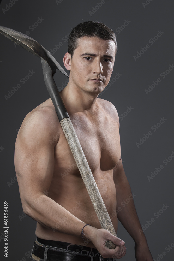 Job, Male worker holding a shovel, sexy builder Job, Male worker holding a shovel, sexy builder