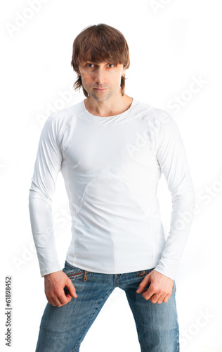 Cute guy in white t-shirt isolated on white background photo