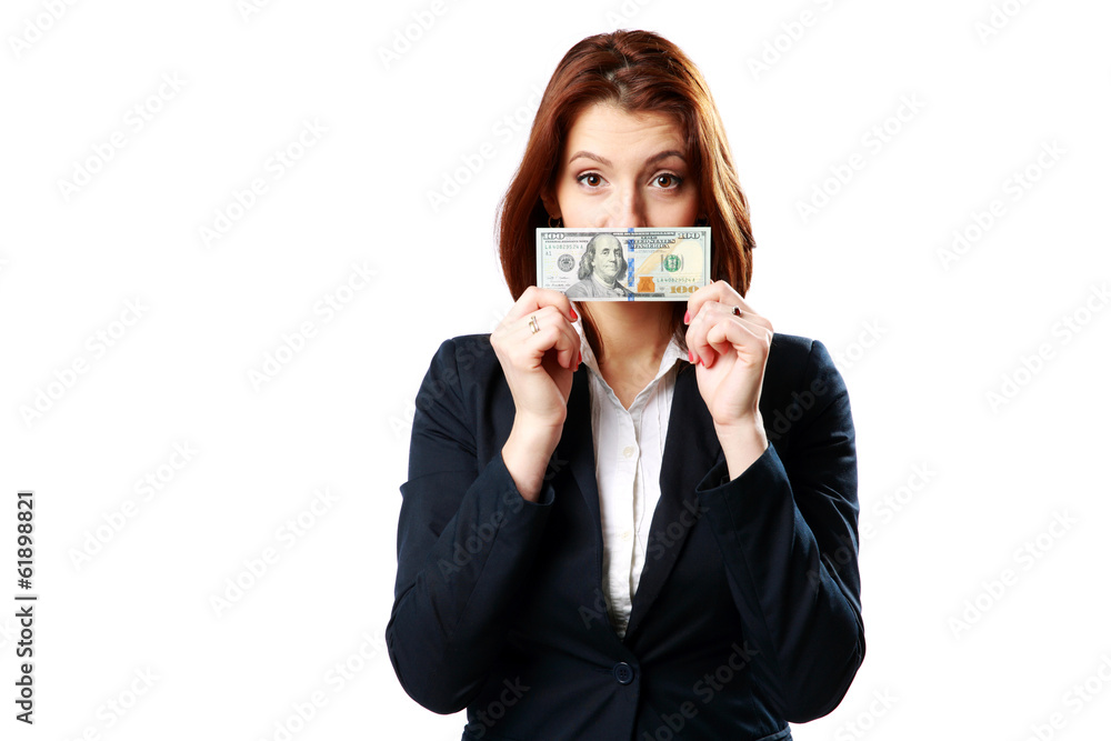 Businesswoman holding US dollars isolated on a white background Businesswoman holding US dollars isolated on a white background