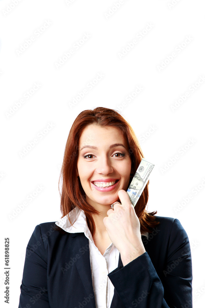 Smiling businesswoman holding US dollars