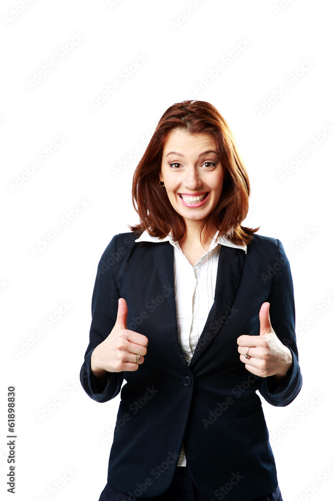 Happy businesswoman with thumbs up isolated on white background Happy businesswoman with thumbs up isolated on white background