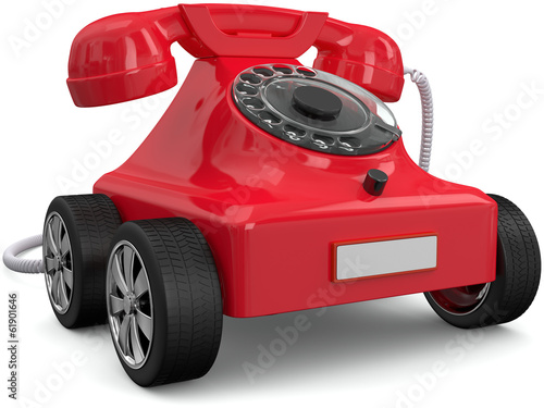 Rotes Telefon auf Rädern