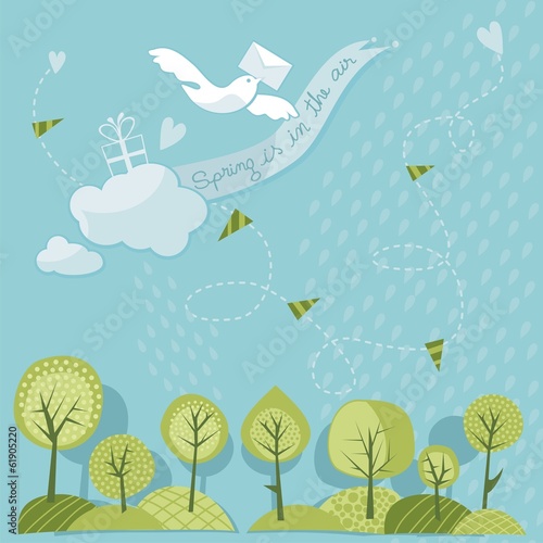 Spring trees and sky with messenger dove