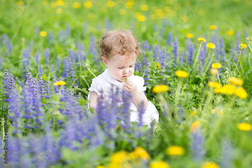 Cute little girl playing with flowers in a graden