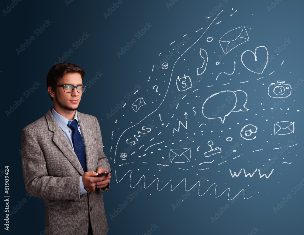 Boy typing on smartphone with various modern technology icons Boy typing on smartphone with various modern technology icons