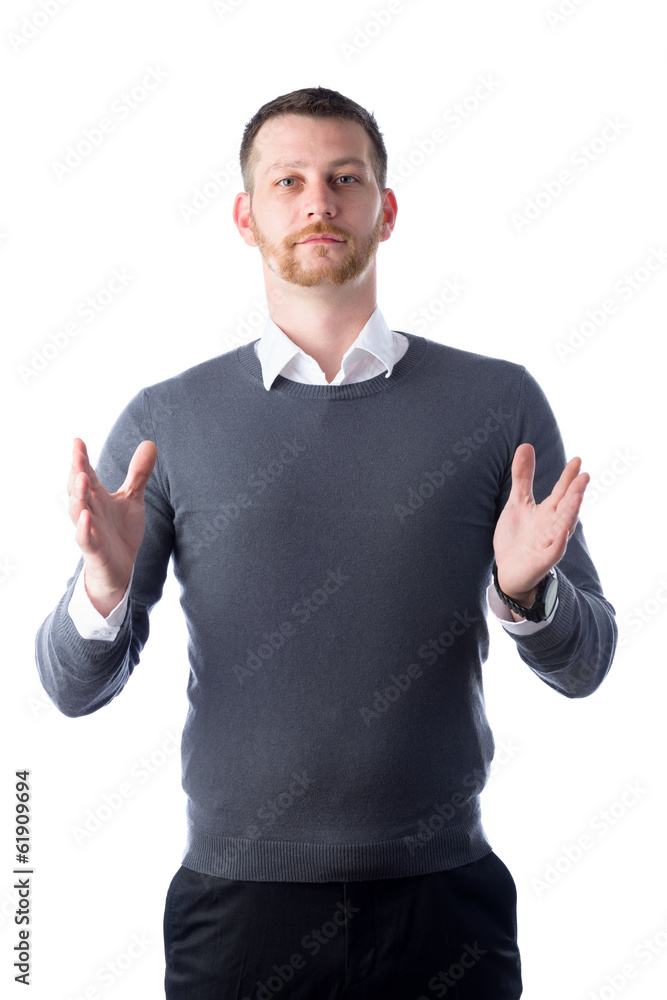 young man holding something between his hands young man holding something between his hands