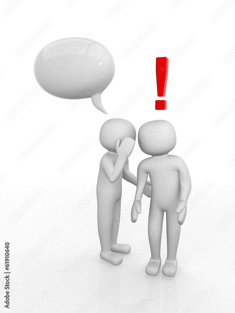 3d people - men, person whispered at ear and exclamation mark 3d people - men, person whispered at ear and exclamation mark
