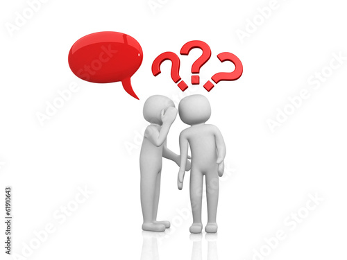 3d people - men, person whispered at ear and question marks