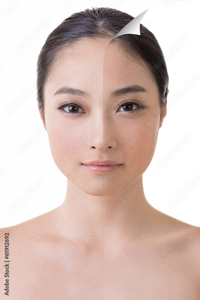 Fototapeta premium Face of beautiful Asian woman before and after retouch