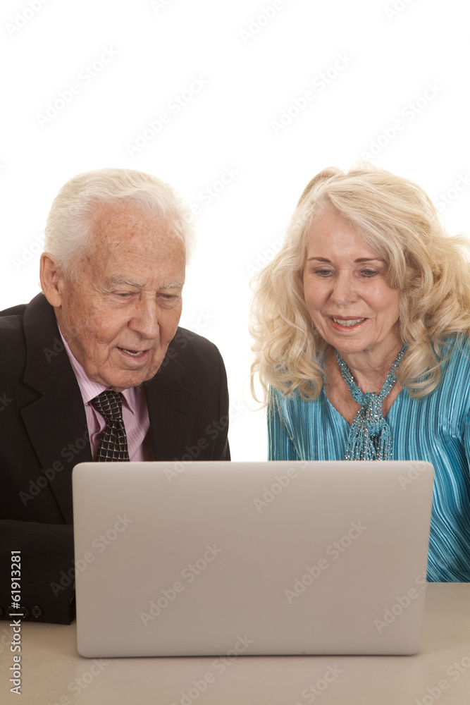 elderly couple business computer look down elderly couple business computer look down