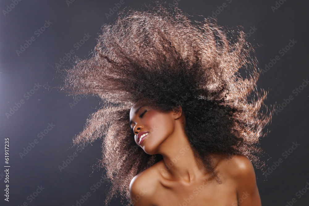 Stunning Portrait of an African American Black Woman With Big Ha - obrazy, fototapety, plakaty 