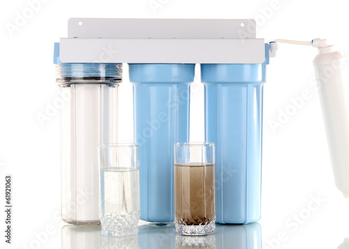 Filter system for water treatment with glasses of clean and