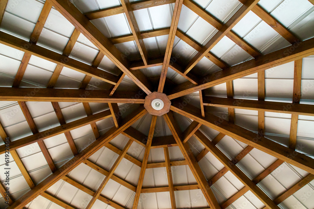 looking up at  eight sided exposed beam roof