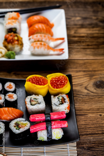 Oriental magic theme with Japanese seafood, sushi set
