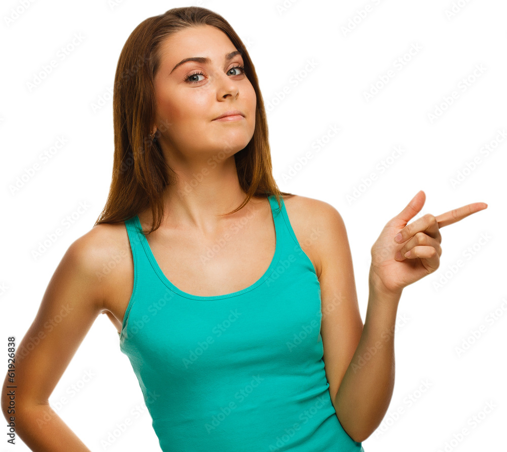 surprised woman shows finger in direction hand surprised woman shows finger in direction hand
