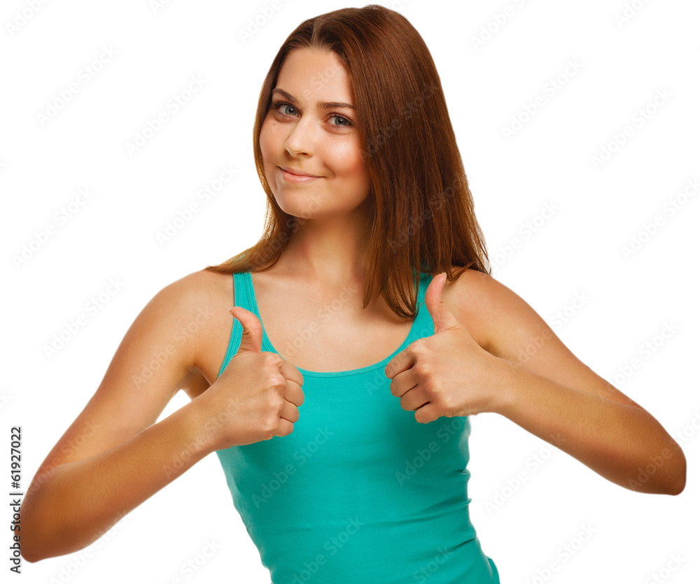 woman girl shows positive sign thumbs yes woman girl shows positive sign thumbs yes