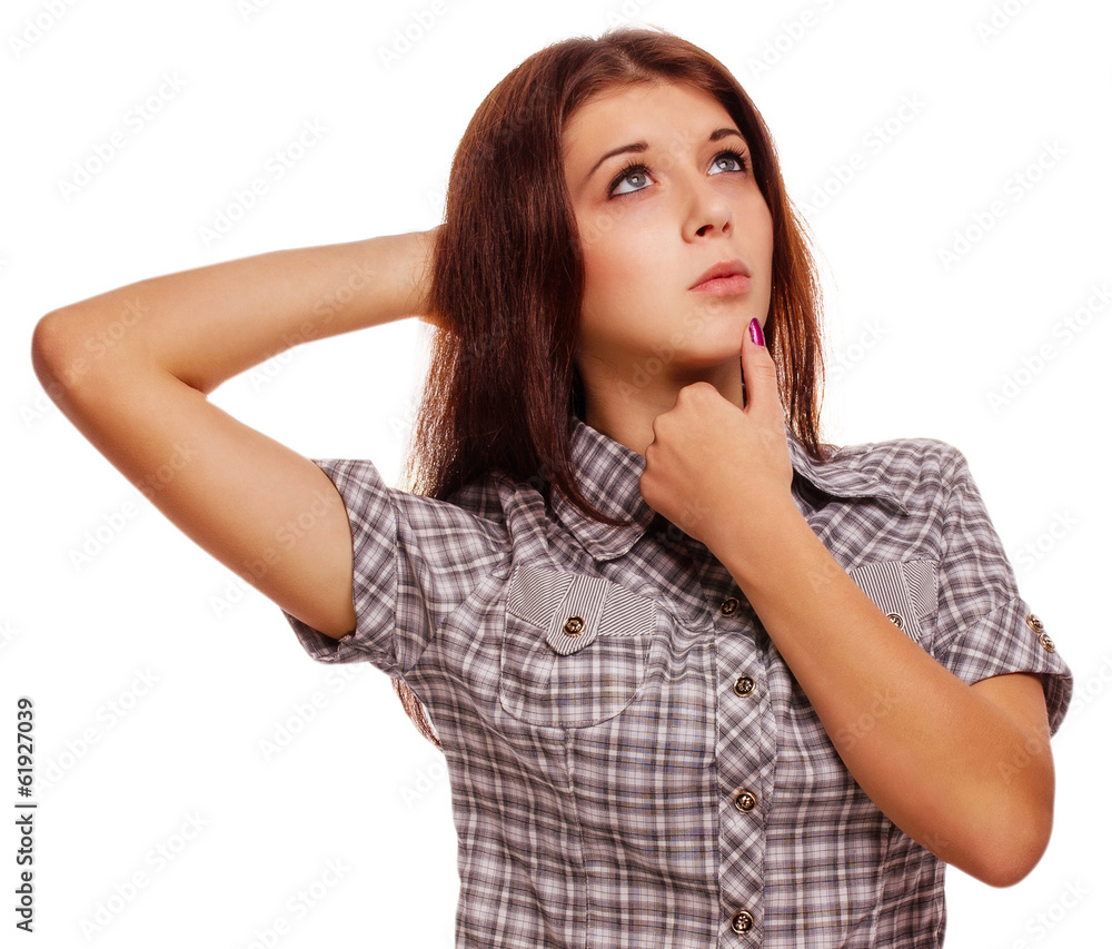 woman looking up thinking shirt shorts isolated woman looking up thinking shirt shorts isolated