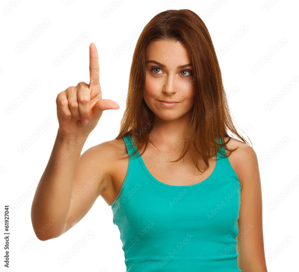 woman presses touch screen points finger button woman presses touch screen points finger button