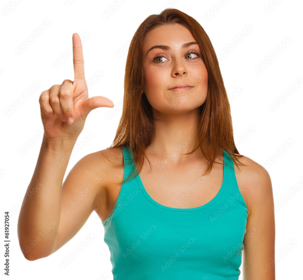 woman presses touch screen points finger button woman presses touch screen points finger button