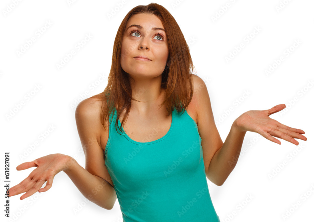 woman throws her hands she did not surprised woman throws her hands she did not surprised