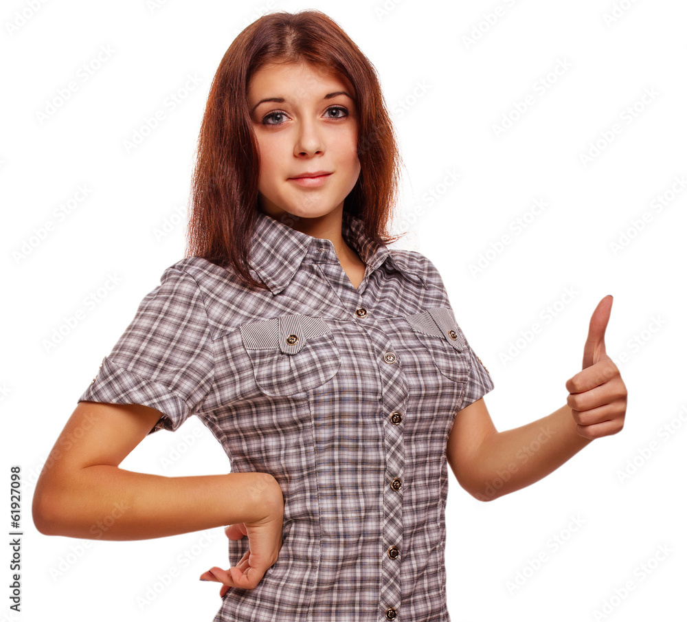 woman shows positive sign thumbs yes, shirt shorts woman shows positive sign thumbs yes, shirt shorts