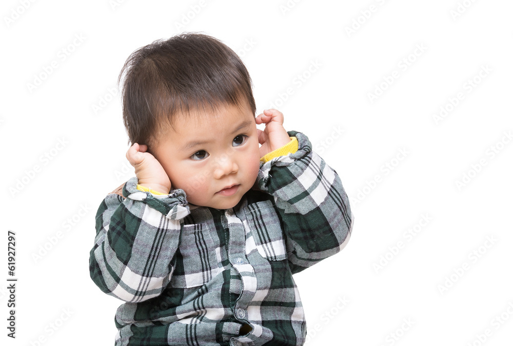 Asian baby boy touch his ear Asian baby boy touch his ear