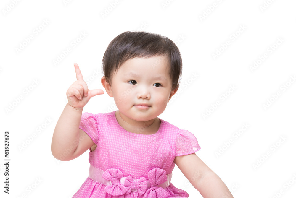 Asian baby girl finger show tick symbol Asian baby girl finger show tick symbol