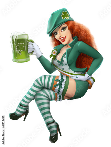 Girl in leprechaun suit with beer. Saint Patrick day. Isolated