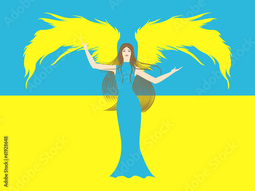 Female angel against the flag of Ukraine
