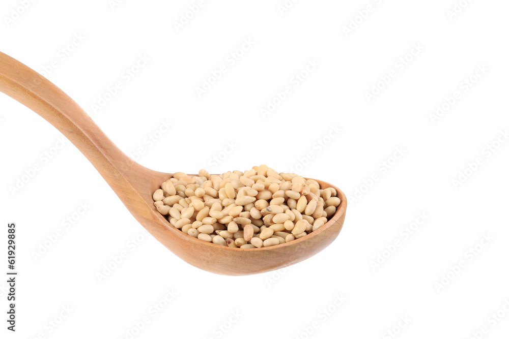 Wooden spoon full with pine nuts. Wooden spoon full with pine nuts.