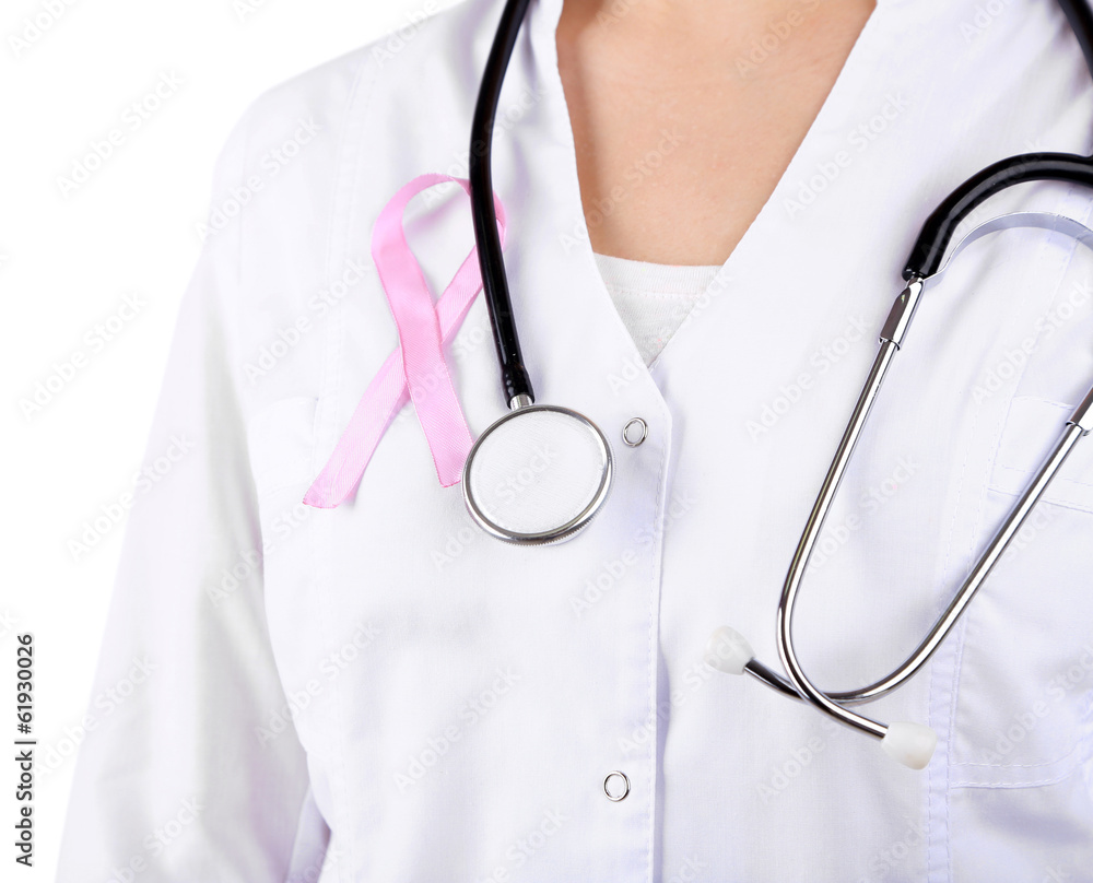 Doctor with ribbon formed Aids symbol, close-up, isolated Doctor with ribbon formed Aids symbol, close-up, isolated