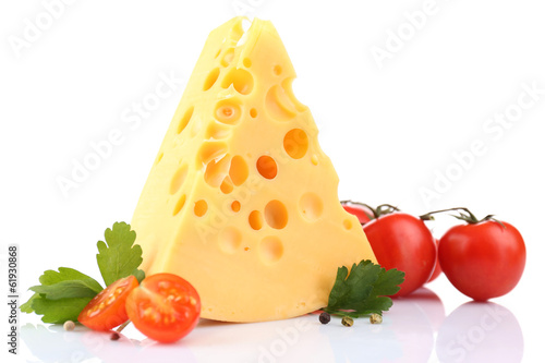 Piece of cheese and tomatoes, isolated on white