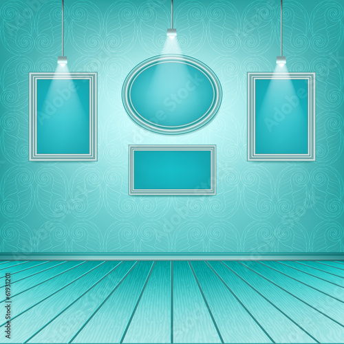 Luxury blue interior with empty frames. Picture gallery