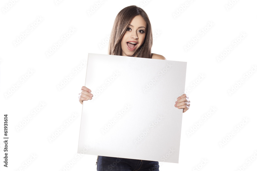 young pretty girl hold a empty board and shouting young pretty girl hold a empty board and shouting