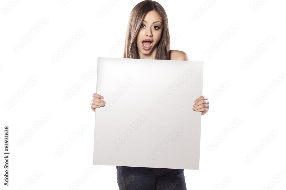 young pretty girl hold a empty board and shouting young pretty girl hold a empty board and shouting