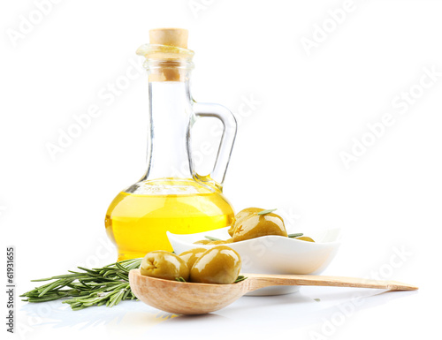 Tasty olives and oil isolated on white