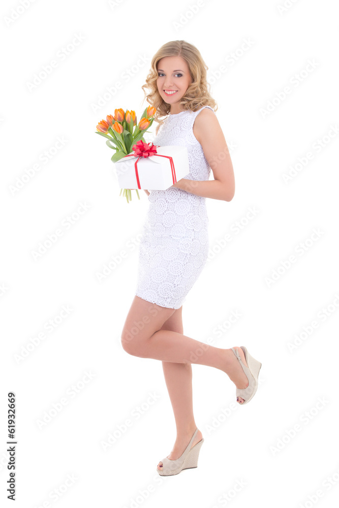 beautiful woman posing with orange tulips and present isolated o beautiful woman posing with orange tulips and present isolated o