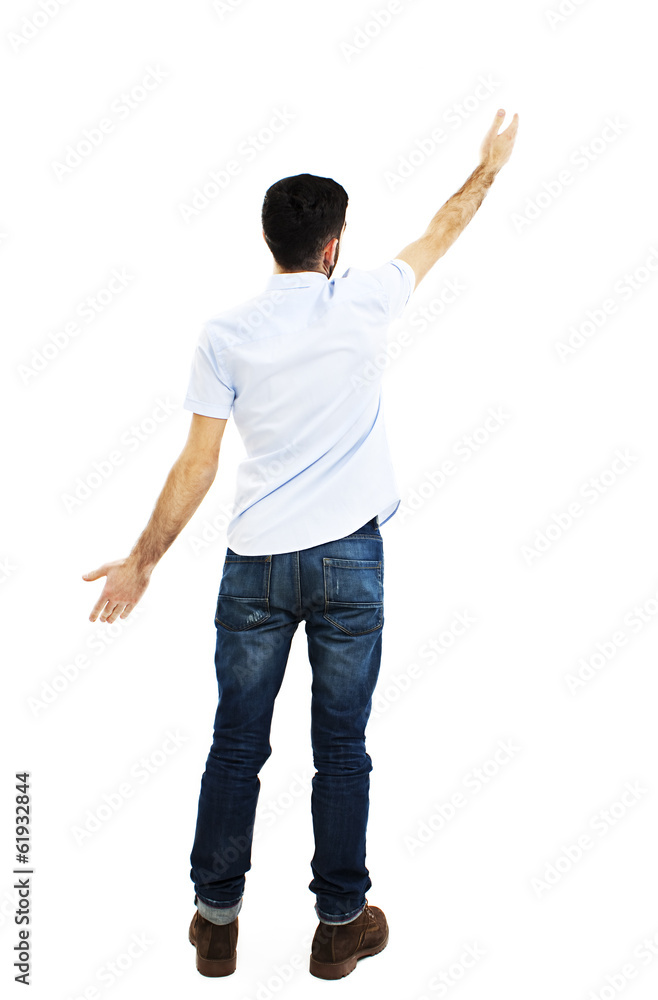 Back view of pointing young men in shirt and jeans Back view of pointing young men in shirt and jeans