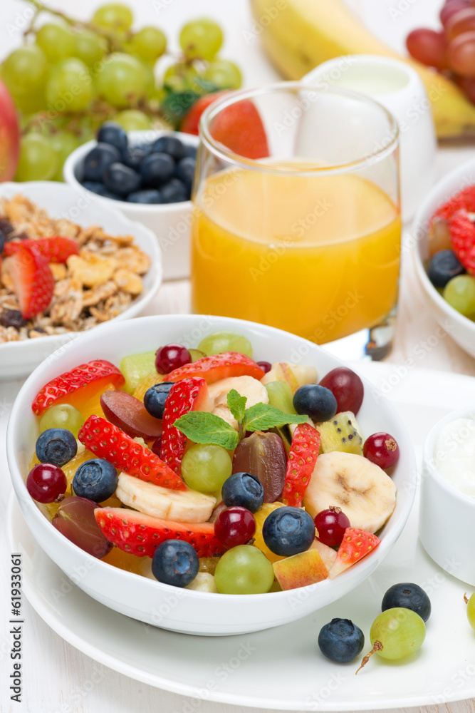 Fresh fruit salad and cream for breakfast, vertical Fresh fruit salad and cream for breakfast, vertical