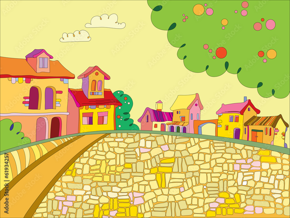 a vivid illustration of the town square and colorful houses