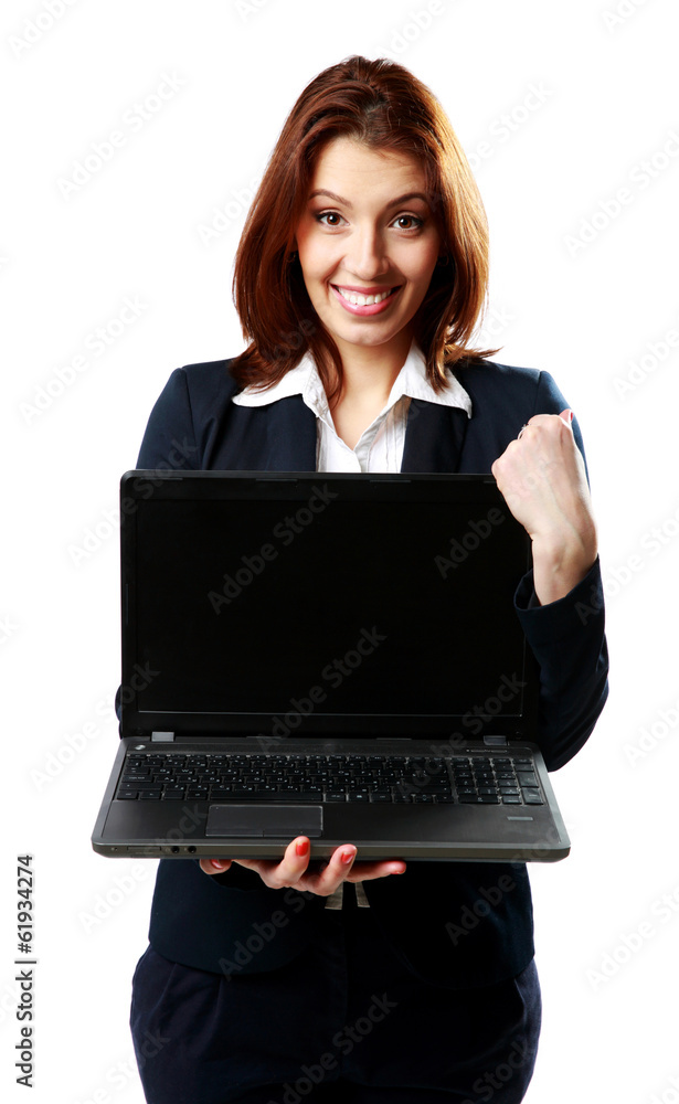Happy businesswoman holding laptop Happy businesswoman holding laptop