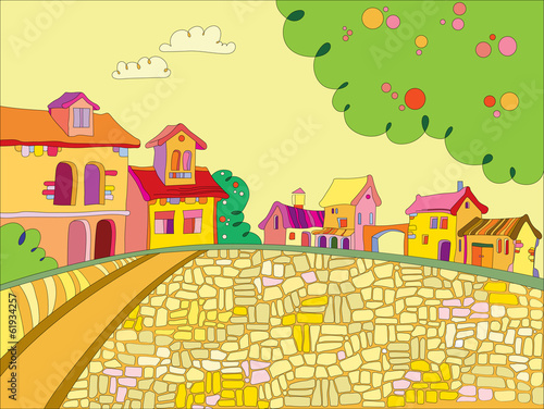 a vivid illustration of the town square and colorful houses