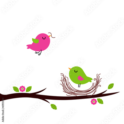 Cute spring nesting birds isolated on white