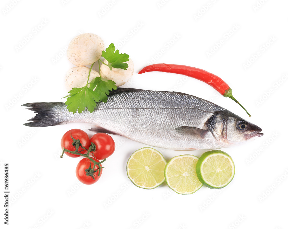 Fresh seabass with pepper and mushrooms. Fresh seabass with pepper and mushrooms.