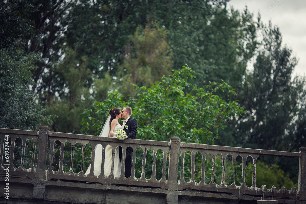 Obraz premium Happy bride and groom at a wedding a walk on bridge