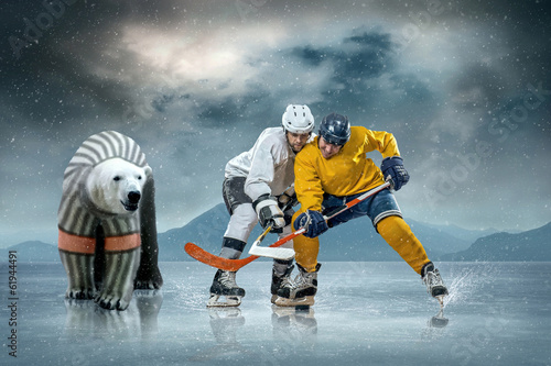 Ice hockey players on the ice and polar bear