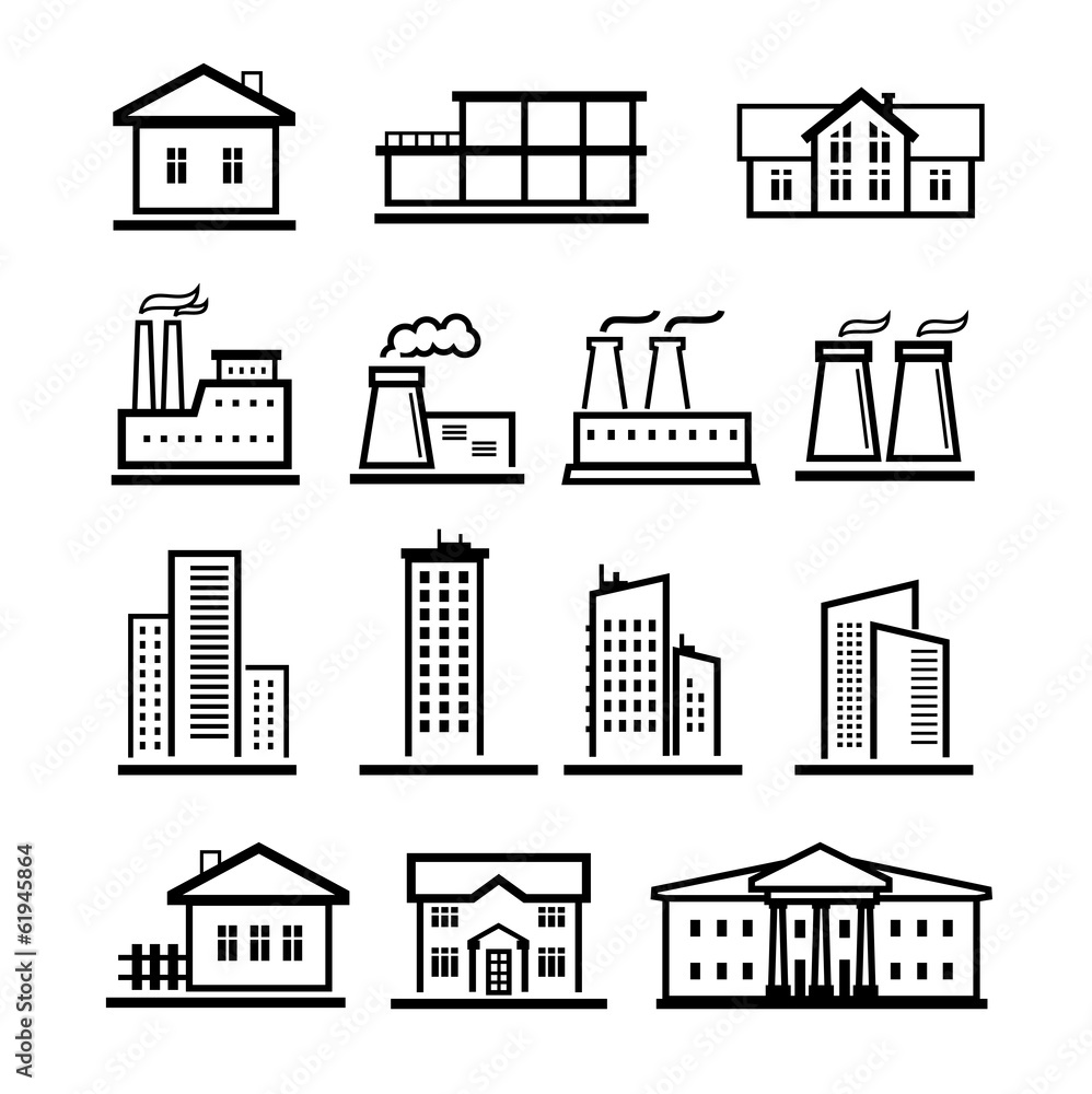 vector black buildings and factories icons set Stock Vector | Adobe Stock